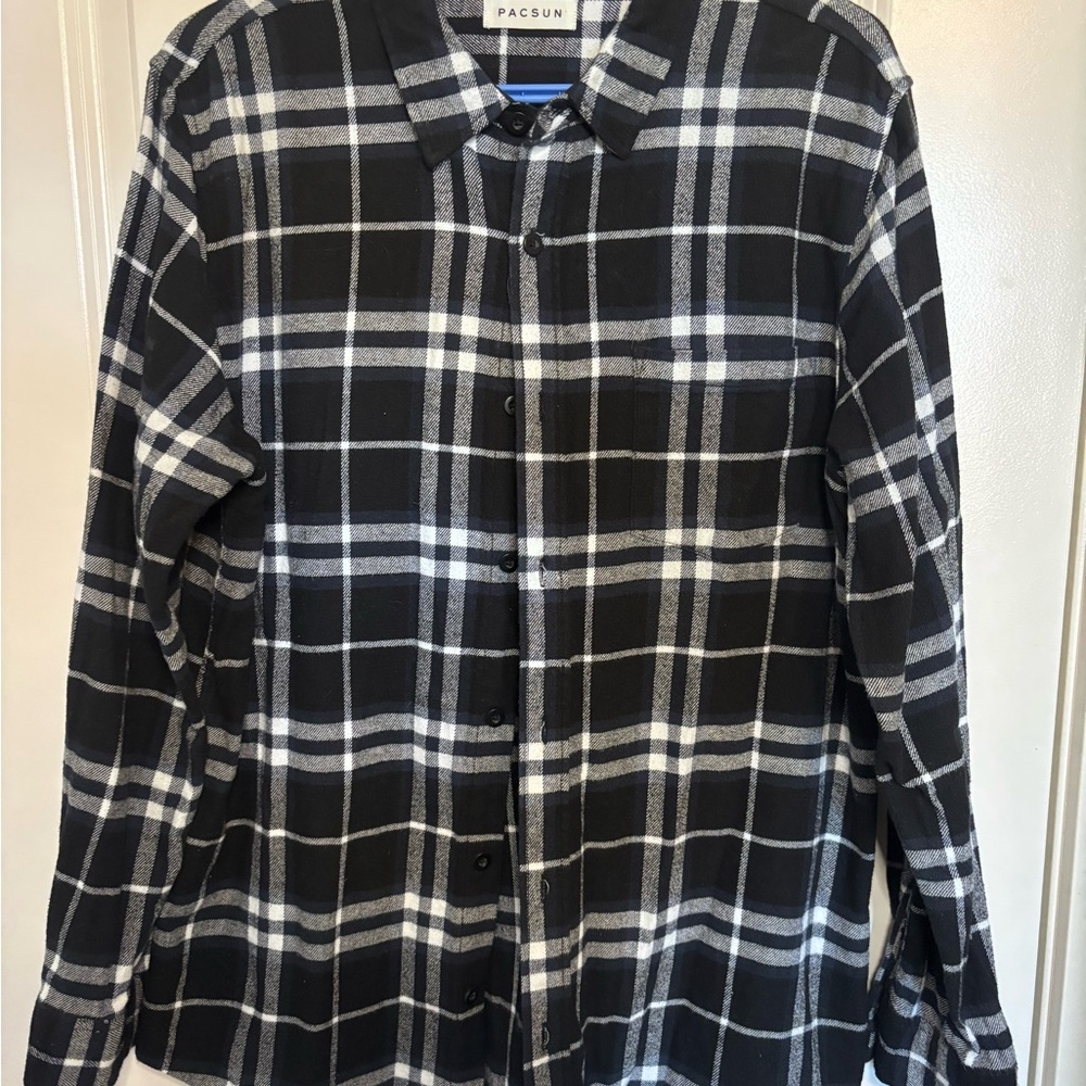 PACSUN Black, blue & White Plaid Button-Up Flannel Shirt Mens